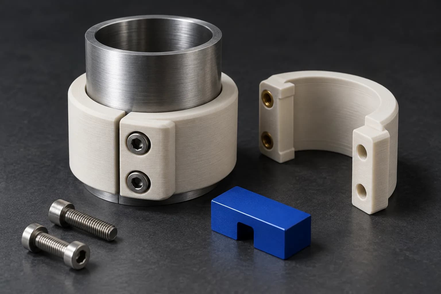 Conceptual printed split collar and mating parts around a metal tube