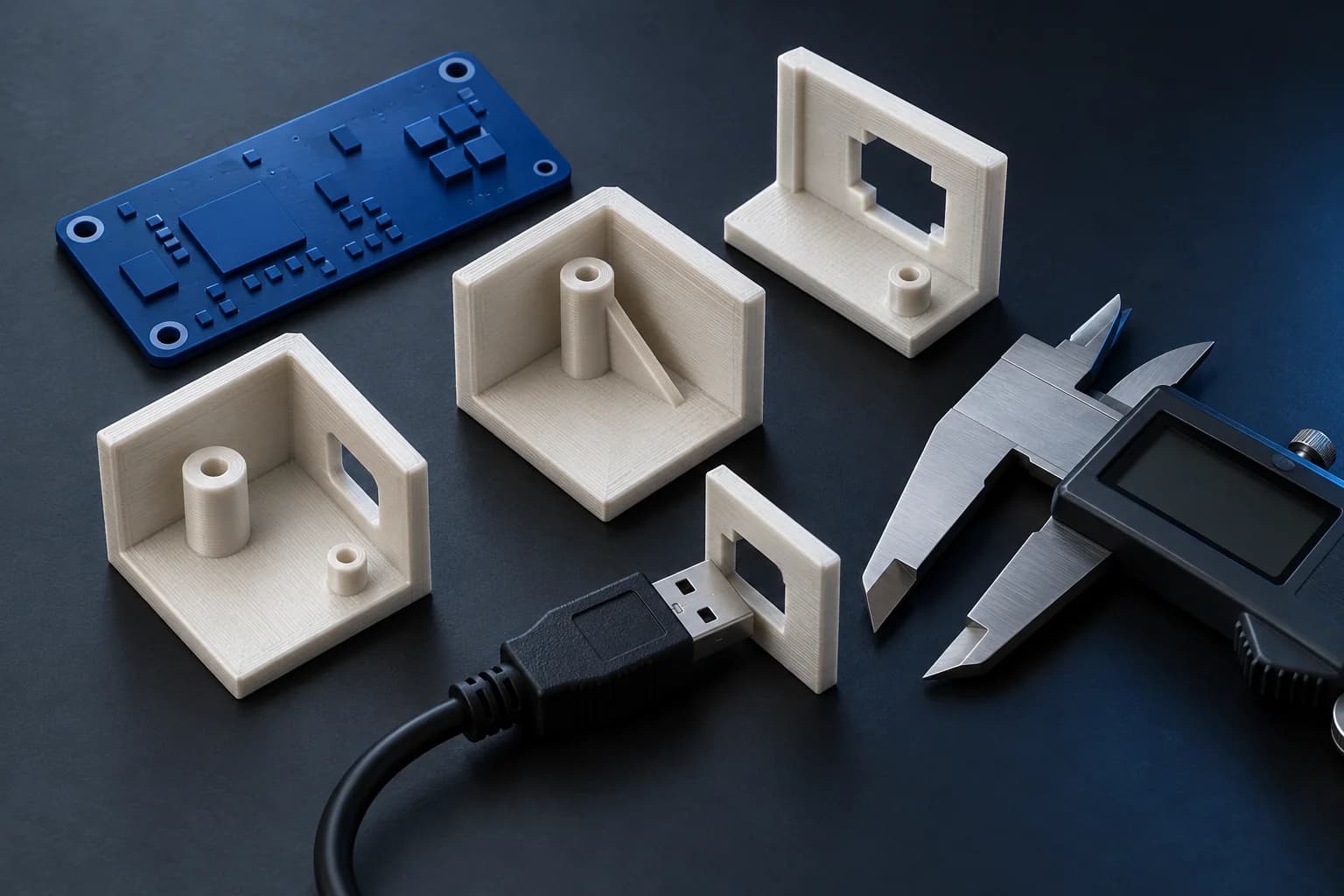 Conceptual printed corner samples, a blue circuit board, cable and caliper for checking enclosure fit