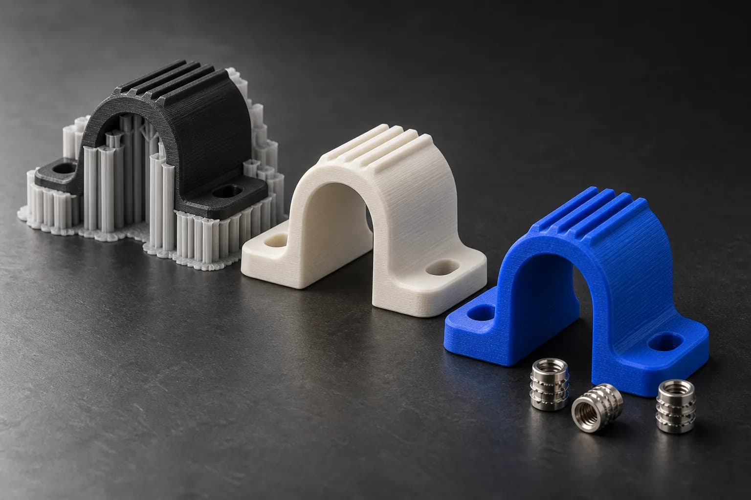 Conceptual printed mounting parts at support removal, finishing and assembly stages