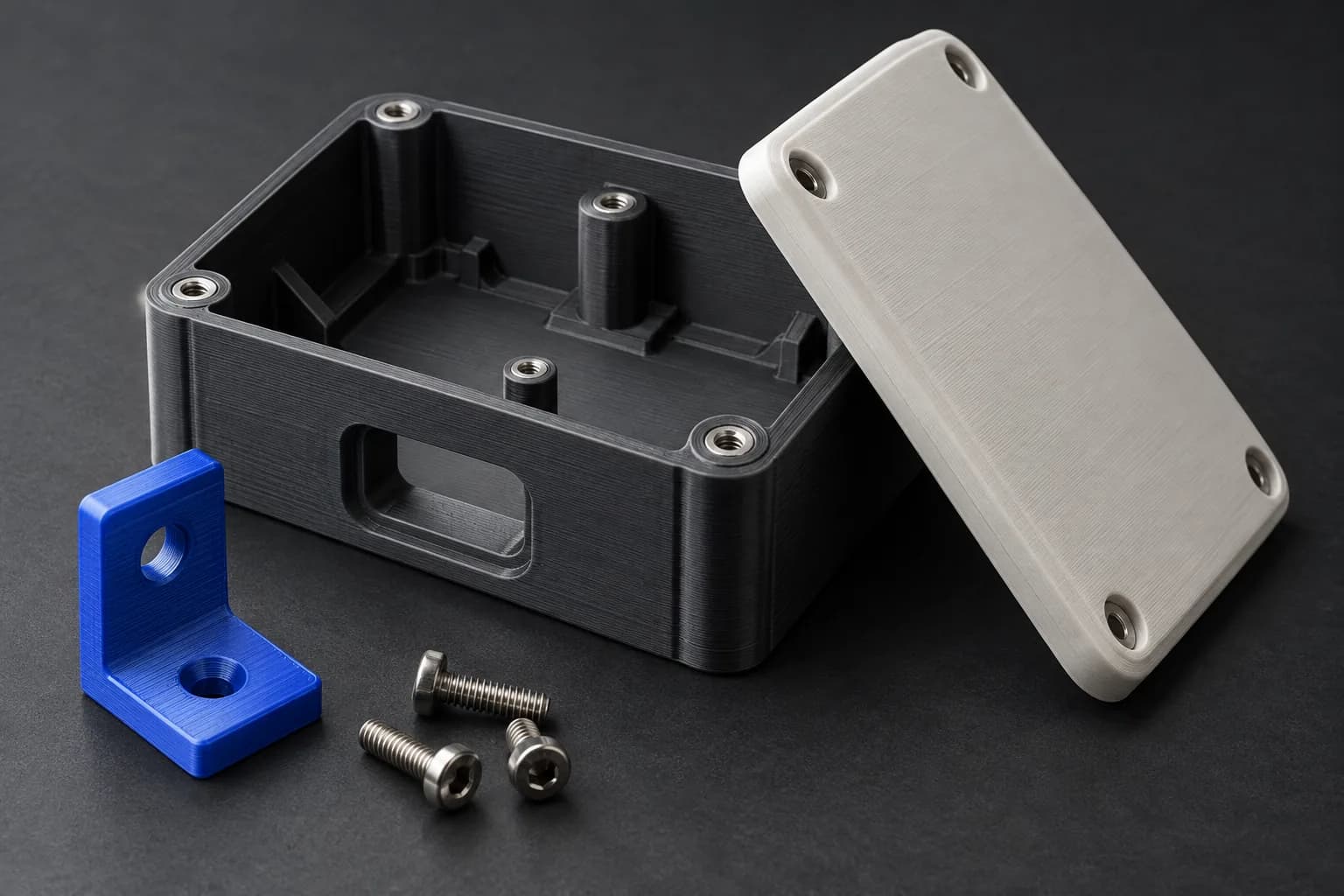 Conceptual 3D-printed enclosure, lid and mounting bracket with visible print layers