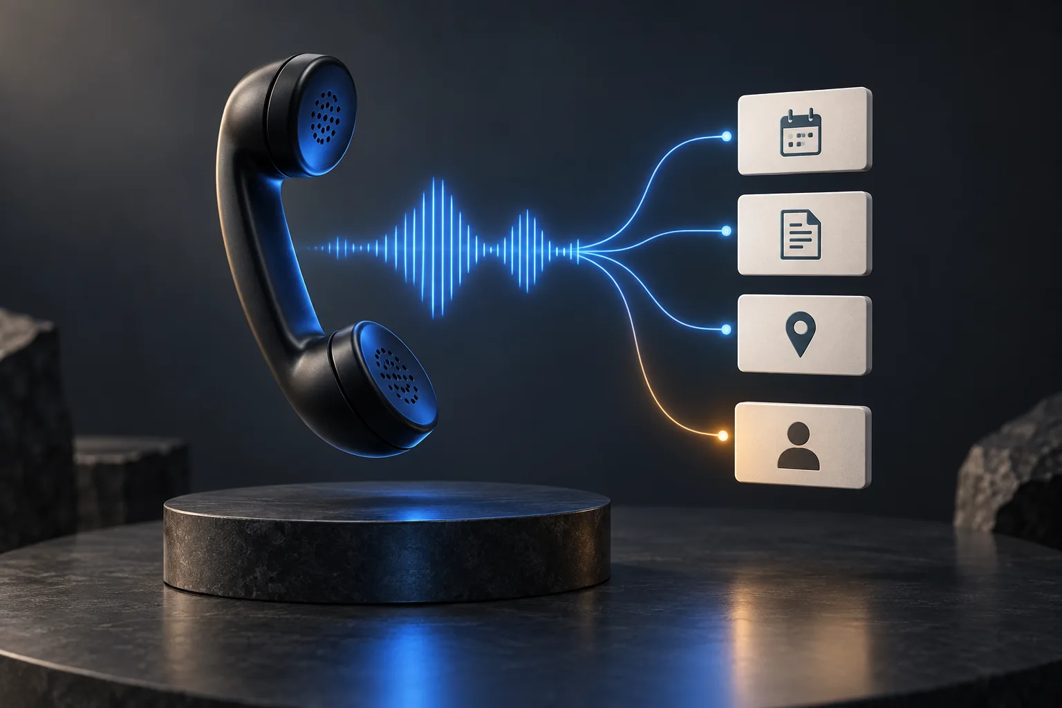 Auricular conceptual que conecta una onda de voz azul con fichas de solicitudes y una ruta ámbar hacia una persona