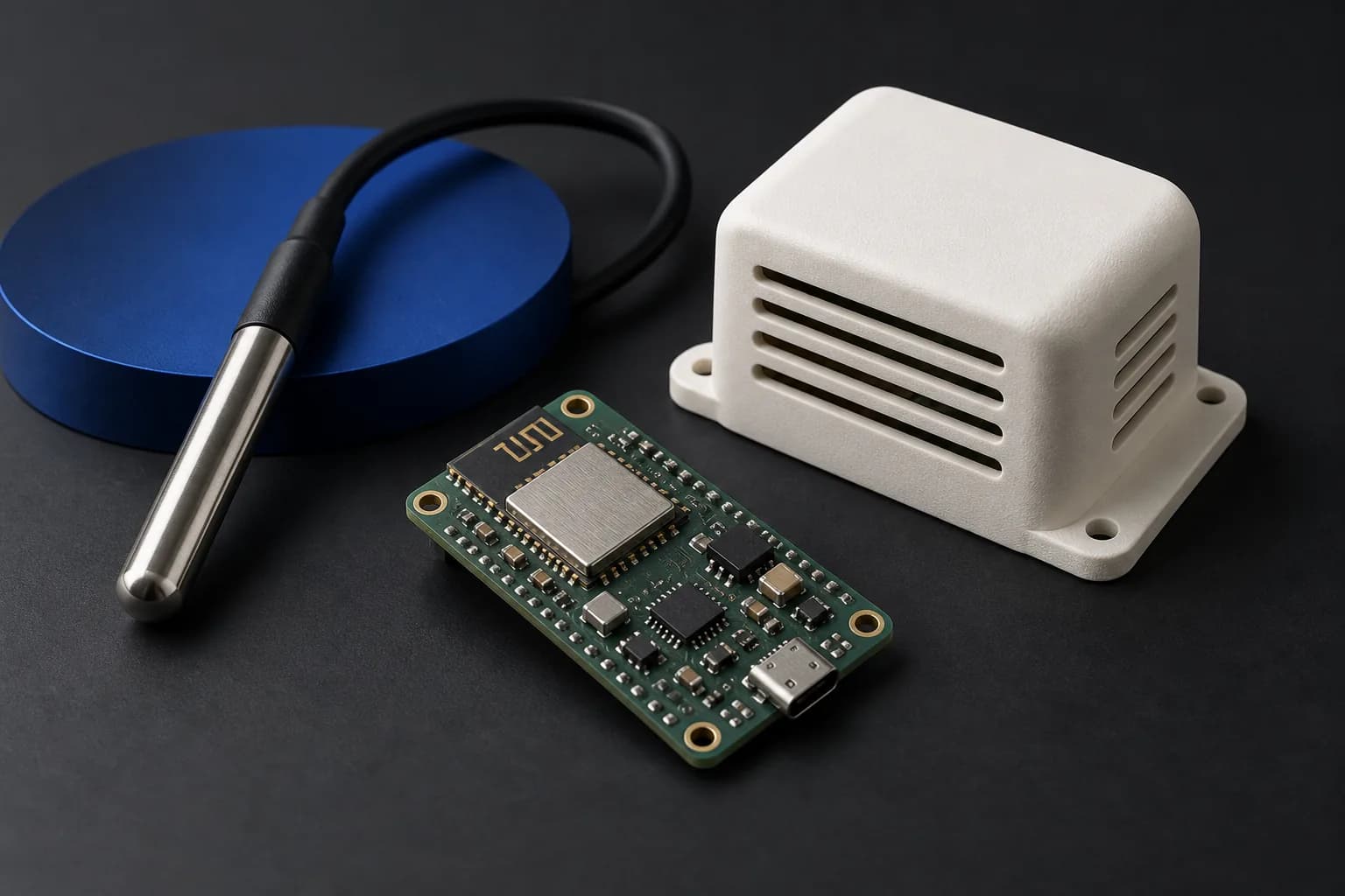 Conceptual microcontroller board, temperature probe and vented electronics enclosure