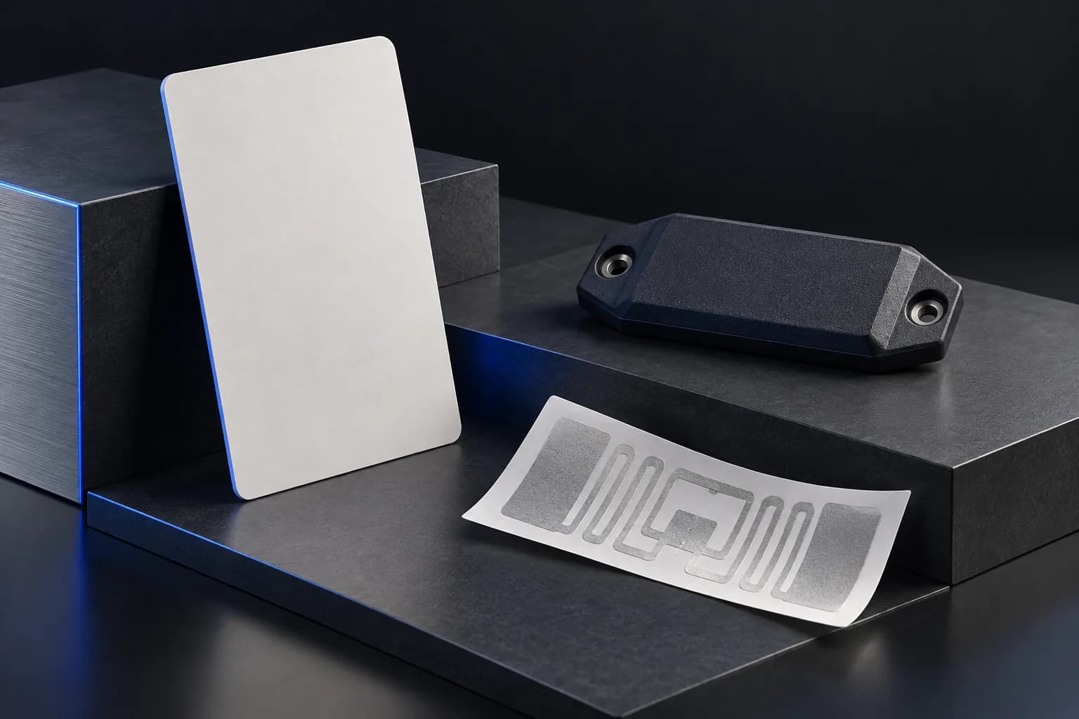 Conceptual NFC card, industrial RFID tag and flexible antenna label