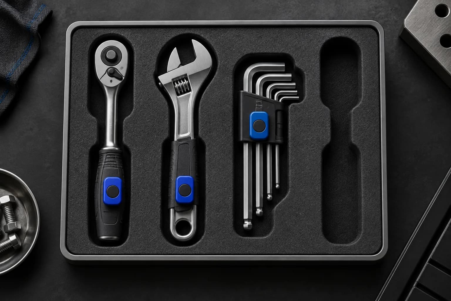Conceptual tool tray with tagged hand tools and an empty inventory position
