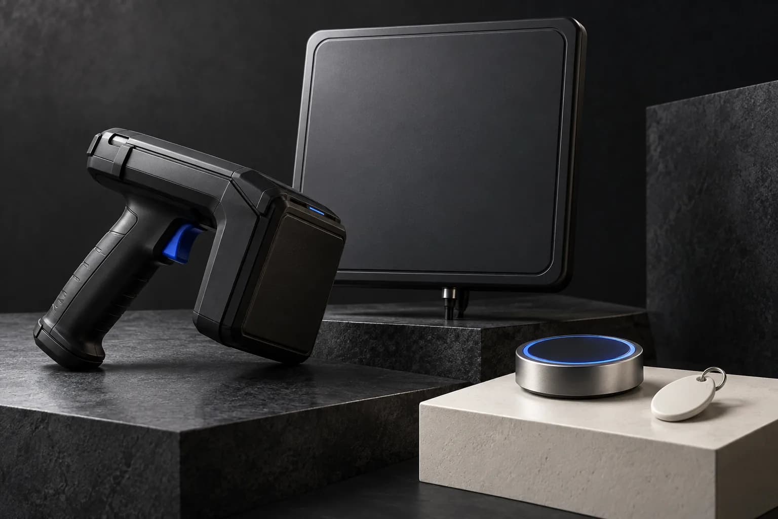 Conceptual UHF reader and antenna beside a compact NFC reader and key fob