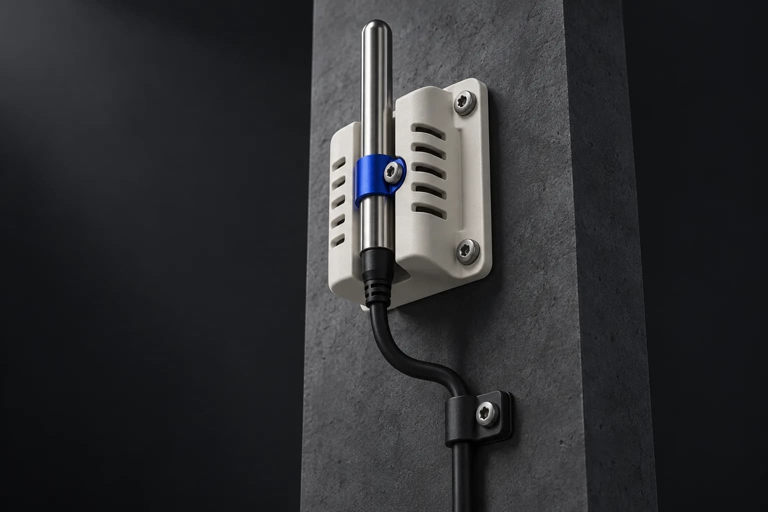 Sonda de temperatura conceptual montada en pared con soporte ventilado y cable guiado